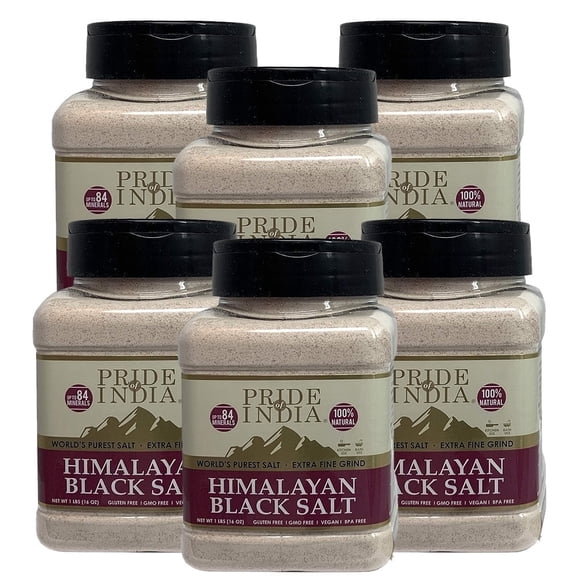 Pride Of India - PACK of 6 - Himalayan Black Salt (Kala Namak) Extra Fine, 1 lb (16oz) Dual Sifter Jar, Great for Vegan Tofu Scrambles, Natural Faux Egg Flavor