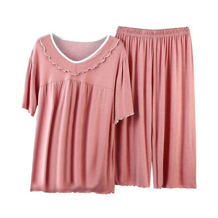 Mgmyaa Women s Plus Size Loungewear Thin Casual Pajama Set Short Sleeve Tops & Capri Pants Two-piece Set Sleepwear