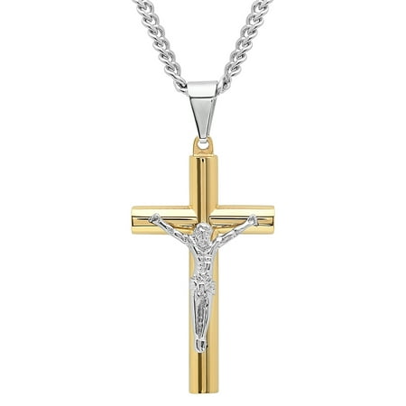 Men's Gold Tone Stainless Steel Crucifix Pendant Necklace