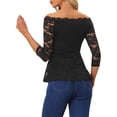 thumbnail image 3 of INSPIRE CHIC Women's Floral Lace Blouse Off Shoulder Sheer 3/4 Sleeve Peplum Top M Black, 3 of 6