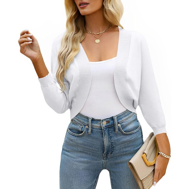 Women's 3/4 Sleeve Cropped Cardigan Sweater Open Front Short Shrugs Cardigans Lightweight Sweaters