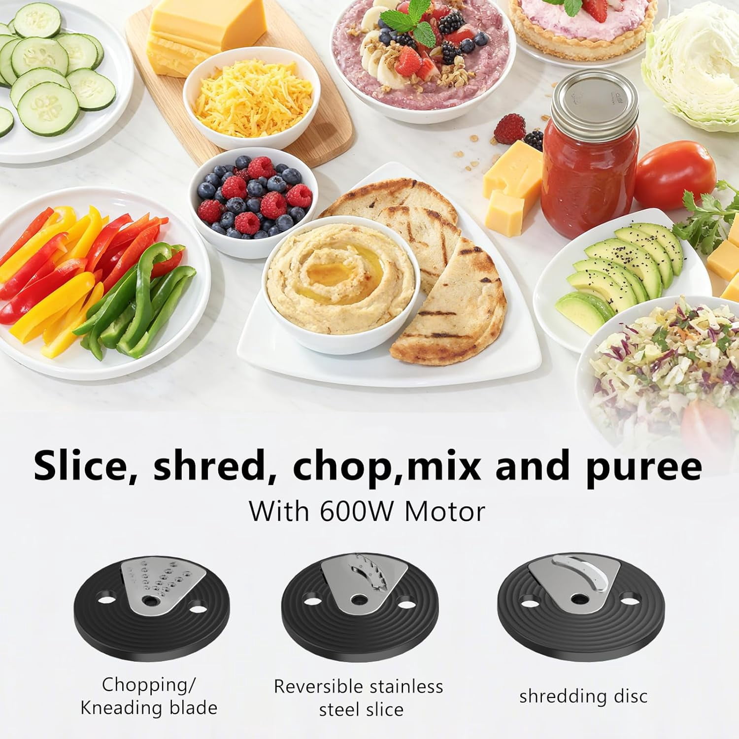 Food Processor and Vegetable Chopper with 12 Cup Bowl, 6 Functions for Chopping Slicing French Fries Purees & Dough, Silver Kitchen Appliance