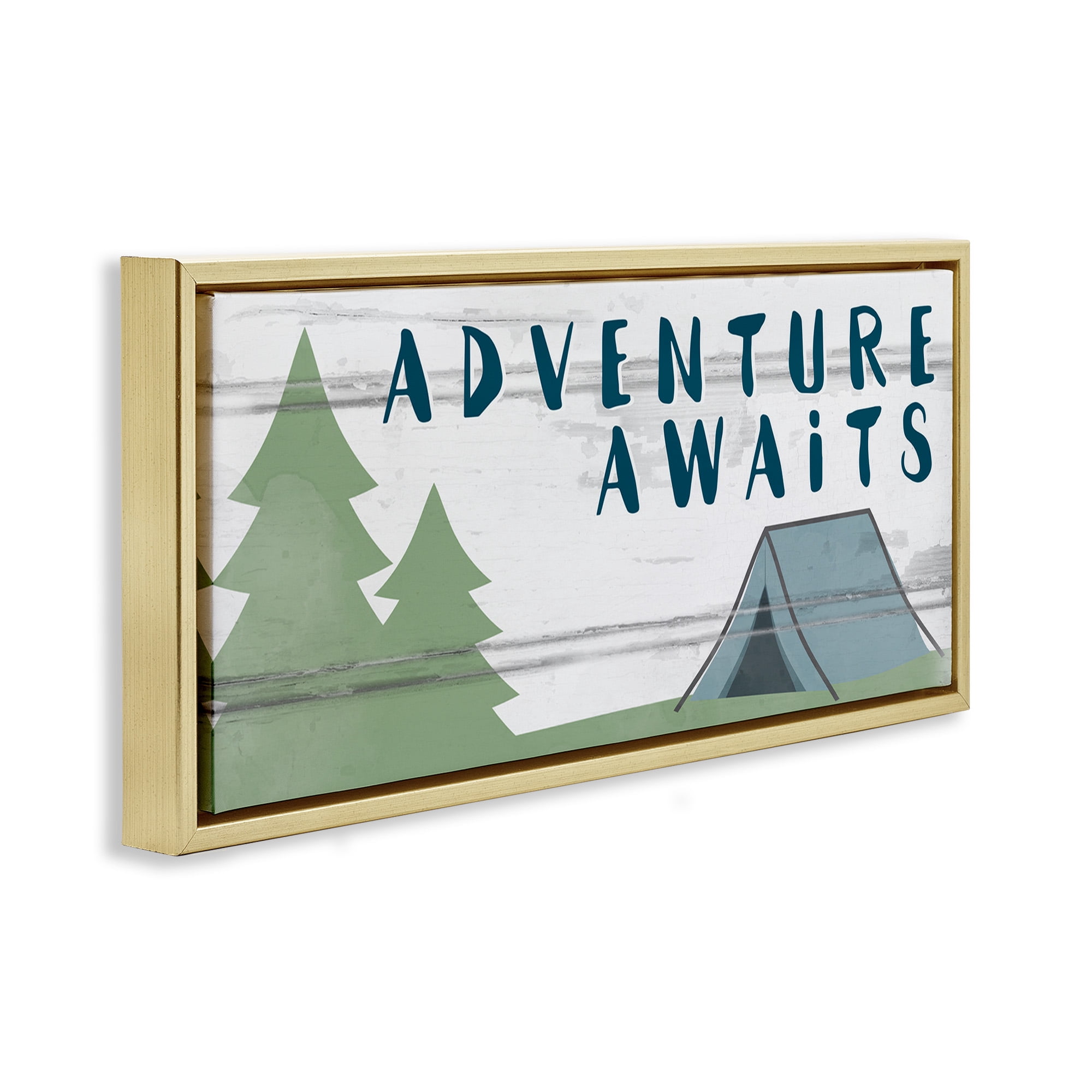 Stupell Industries Adventure Awaits Camping Scene Art for Kids Painting Gold Floater Framed Canvas Art Print Wall Art, 31 x 14