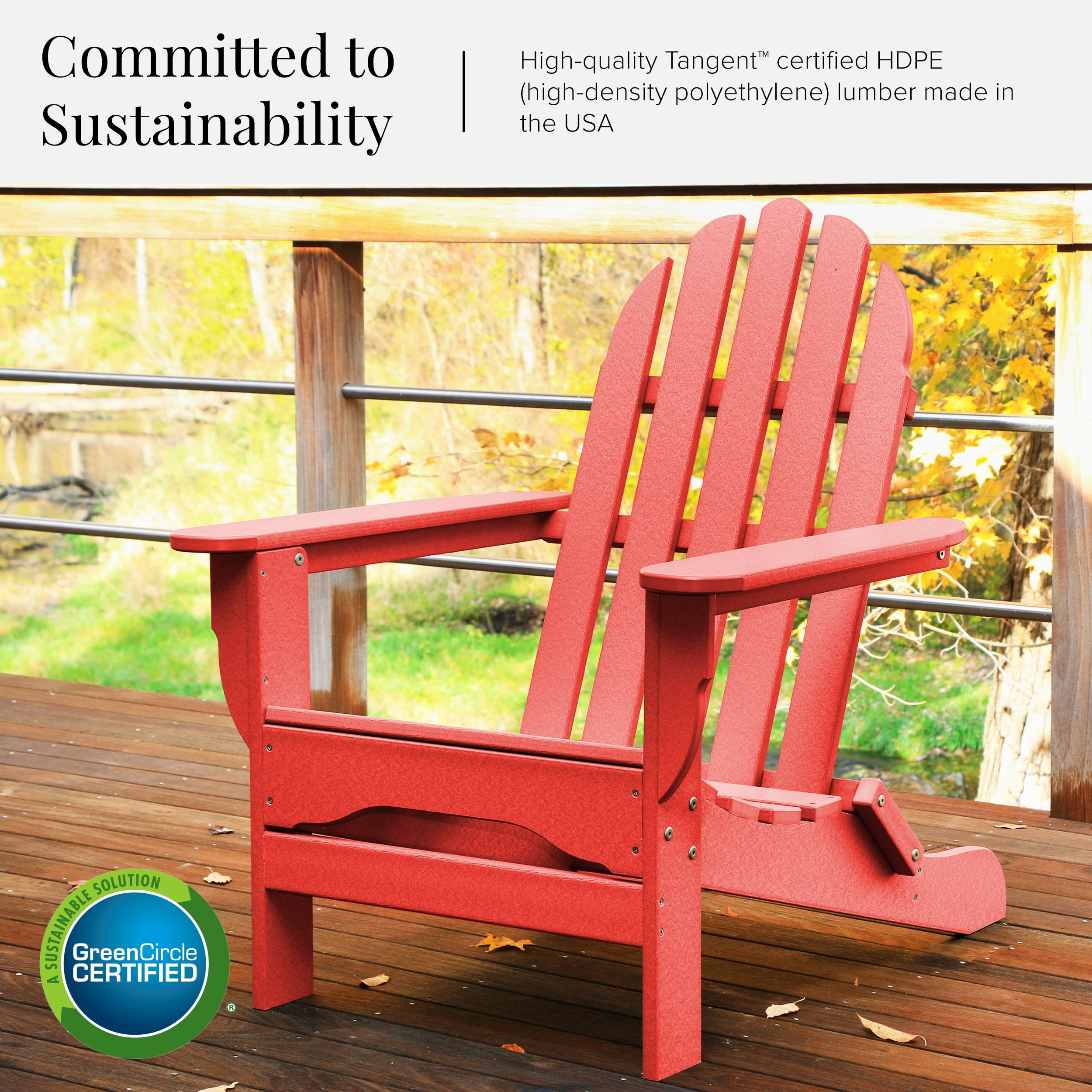 DuroGreen Adirondack Chair Made With All-Weather Tangent lumber, Oversized, High End Classic Patio Furniture for Porch, Lawn, Deck, or Fire Pit, No Maintenance, USA Made, Bright Red