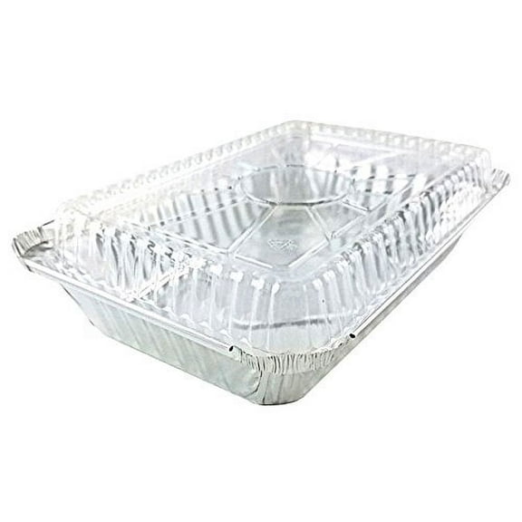 Pactogo 2 lb. Oblong Aluminum Foil Take-Out Pan with Clear Dome Lid Disposable Containers 8.44" x 5.94" x 1.75" (Pack of 25 Sets)