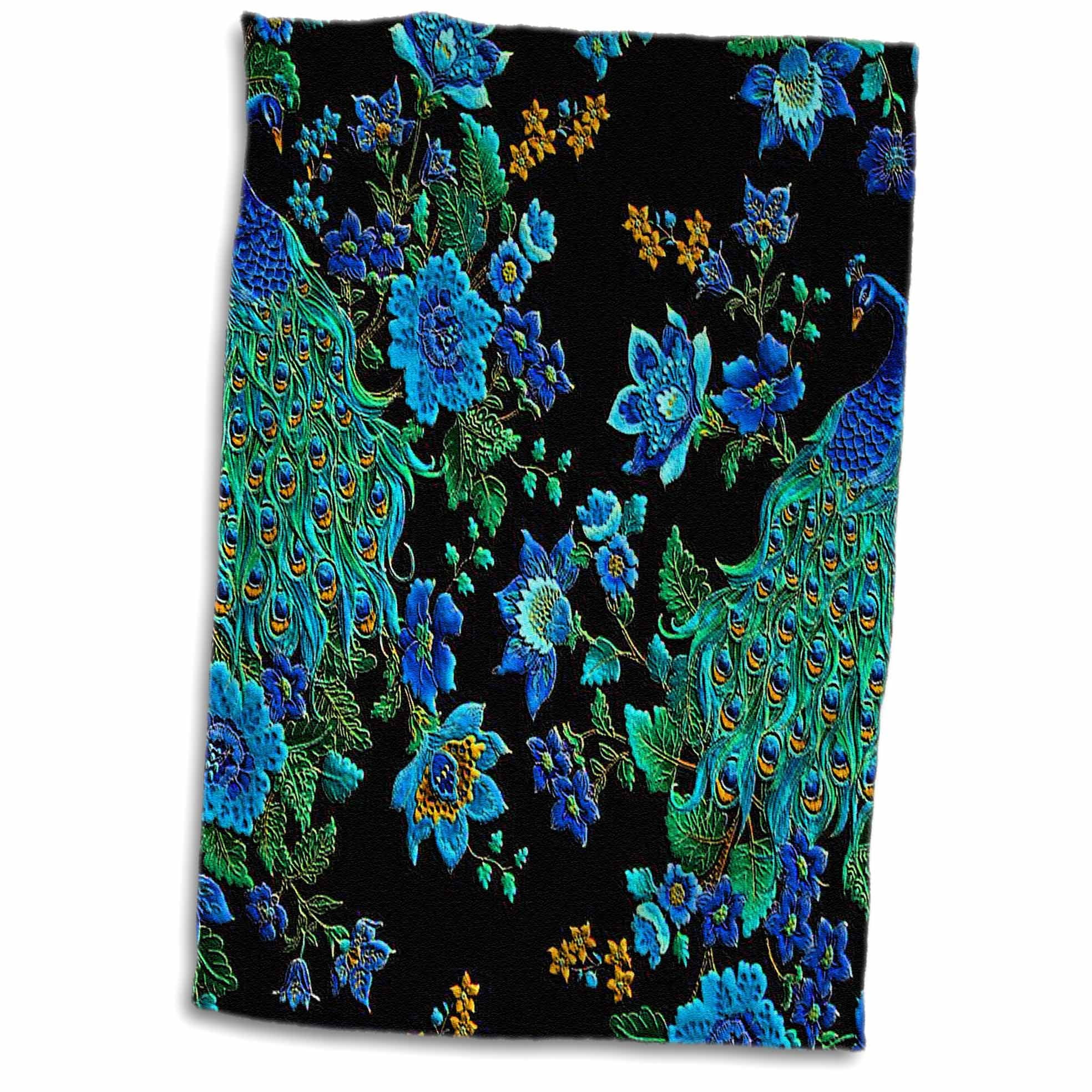 3dRose Embossed Peacocks n Floral In Beautiful Blue Green - Towel, 15 by 22-inch