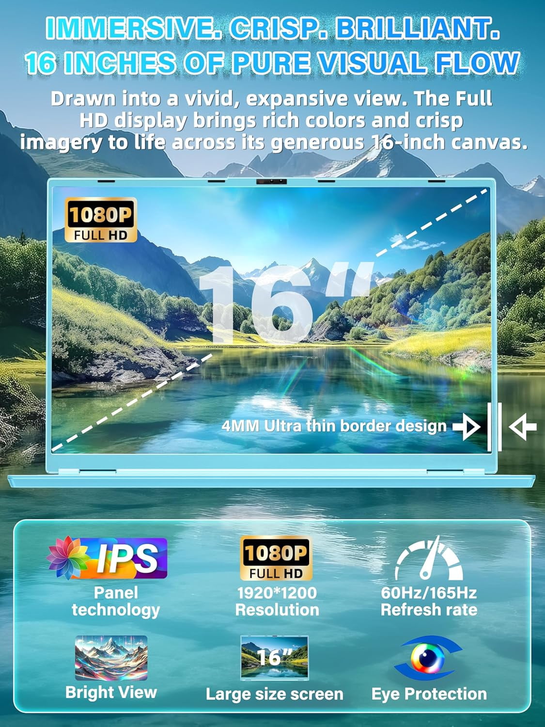 【Win 11 Pro/Office 2019】16" Blue Ultra-Narrow Bezel Laptop, DDR4 16GB RAM, 1TB SSD, Full HD (1920x1080),Celeron N95 (3.4GHz),Color Backlit KB, Face Unlock, USB3.0/HDMI/WiFi/BT, PC Notebook