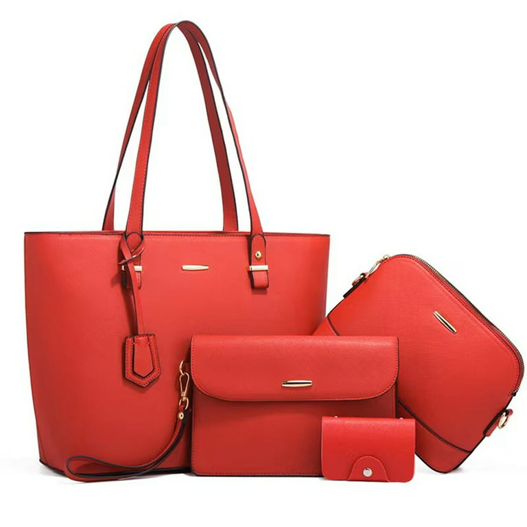 Women's Leather Shoulder Bag, 4 Piece Handbag Set 