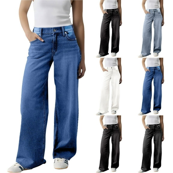 Women's Trendy Relaxed Fit Straight Leg Jeans with Stretch High Waist Comfortable Wide Leg Denim for Casual Style