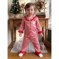 thumbnail image 5 of Cjfdfy Toddler Baby Girl Boy Christmas Satin Pajamas Tree Santa Claus Print Long Sleeve Ruffle Trim striped Shirt Pants Kids Baby Cute My First Christmas Holiday Sleepwear 1-6Y, 5 of 9