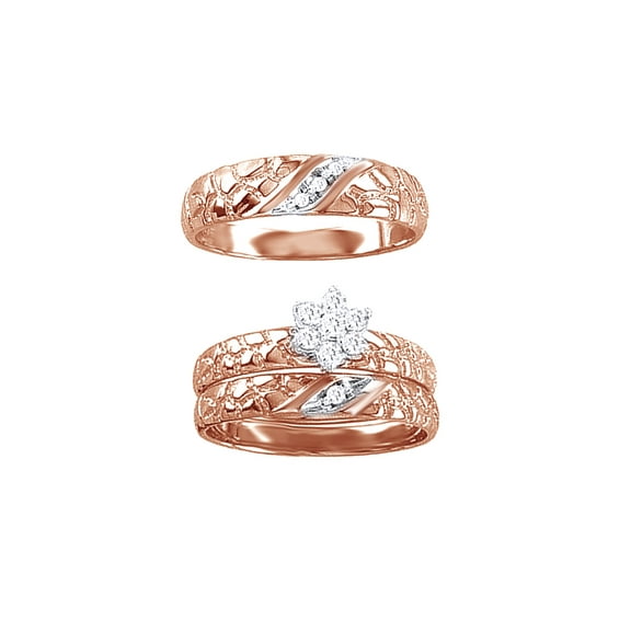 AFFY White Natural Diamond Wedding & Engagement Trio Bridal Ring Set In 10k Rose Gold (0.15 Cttw)