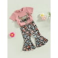 thumbnail image 3 of TSEXIEFOOFU Kids Girls Summer Outfits Letter Print Short Sleeve T-shirt and Elastic Cow/ Leopard Print Flare Pants Set, 3 of 8