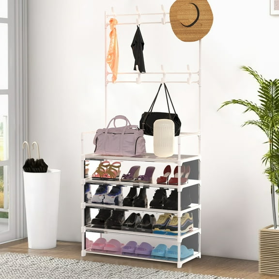 iMounTEK Hall Tree with Bench, 5 Tier Shoe and Coat Rack, Entryway Coat Rack with Shoe Rack, White