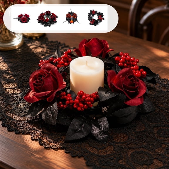 Fall Candle Rings Fall Decorations for Home Halloween Decorations Artificial Burgundy Rose Gothic Candle Wreath for Table Centerpiece by MPOISVA