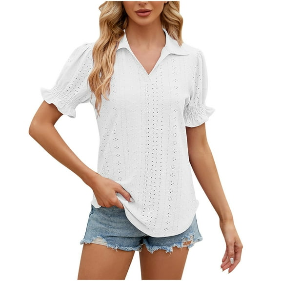 Timegard Summer Tops for Women Lapel V Neck Ruffle Short Sleeve Eyelet Comfy Solid Color Casual Tops