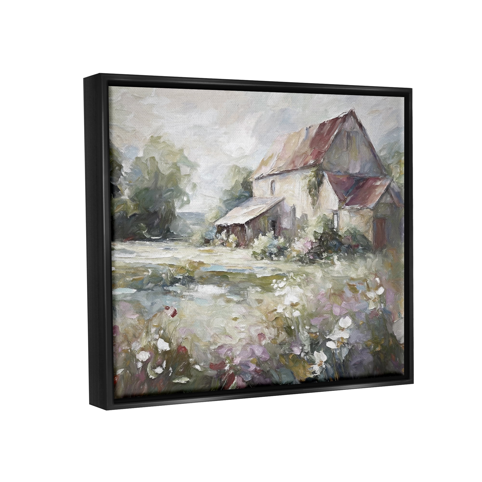Stupell Industries Muted Cottage Meadow Landscape Painting Black Floater Framed Canvas Art Print Wall Art, 31 x 25