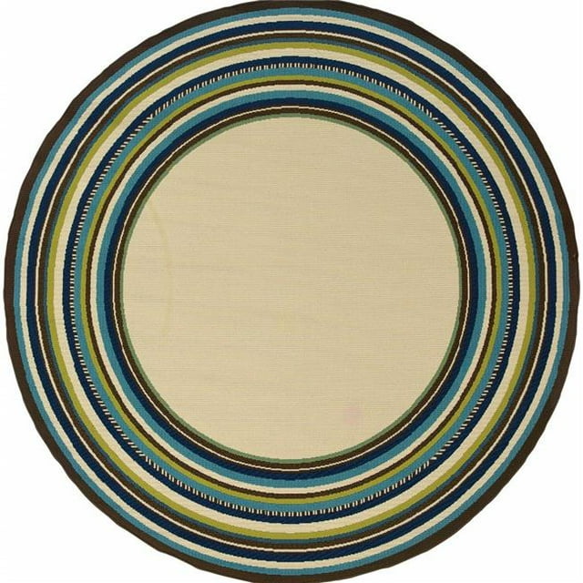 HomeRoots 384312 7 ft. Round Ivory Mediterranean Blue & Lime Border Indoor & Outdoor Area Rug