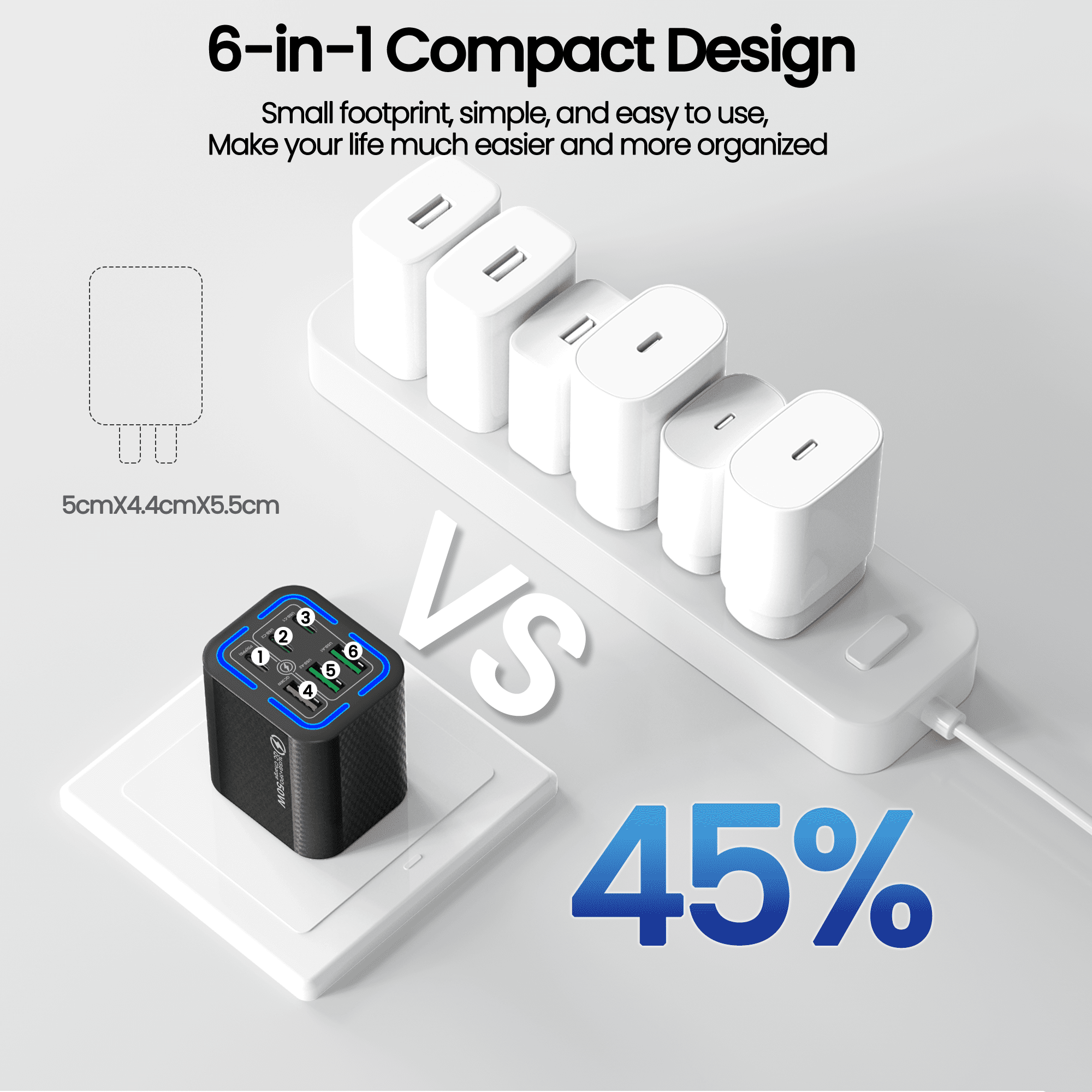 FOBIANJIE-50W USB-C and USB-A wall charger, Type-C charger, six-port cube design power adapter, multi-port plug, white/black/yellow – compatible with iPhone, iPad, AirPods, Samsung Galaxy, Note, Pixe