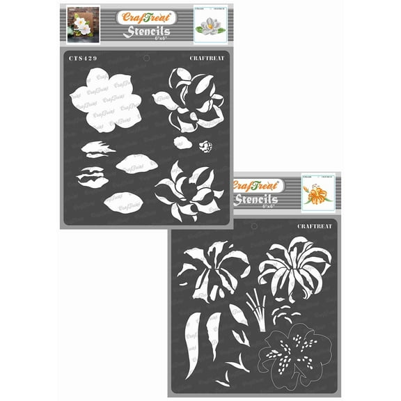 Craftreat Layered Magnolia And Tiger Lily Stencil for Painting - 2 Pcs - 6"x6" Each