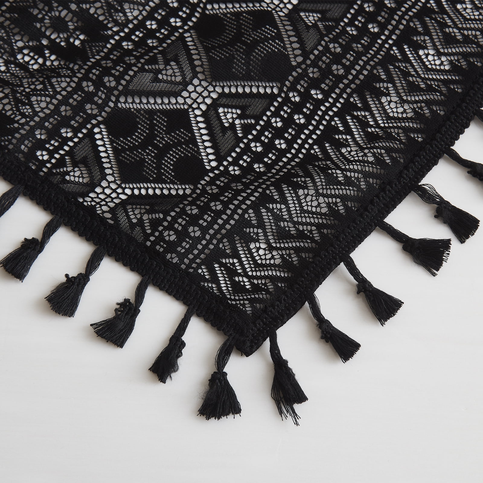 Bohogeo Black Linen Textured Tassel Sheer Lace Curtain Panels, Chic Crochet Geometry Knitting Rod Pocket Window Drapes for Living Room Bedroom, 2 Panels,63" L x 40" W