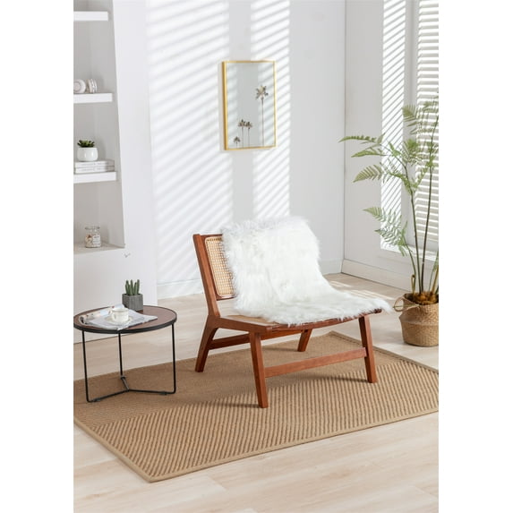 Rattan Accent Chair, Solid Wood Lounge Reading Chair with White Wool Carpet, Modern Leisure Side Chair with Faux Leather Strap in Seat and Backrest for Living Room Bedroom Office, Rattan