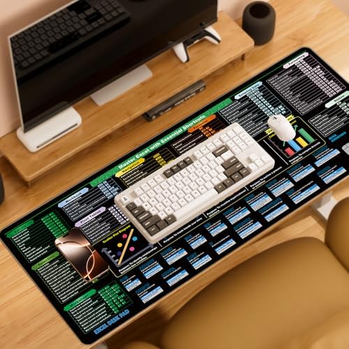 Excel Cheat Sheet Desk Pad (31.5x11.8in) | 2024 Shortcut Keys & Formulas Reference Mat with Stitched Edges - Non-Slip XL Office Desk Mat for Accountants, Coders & Excel Productivity