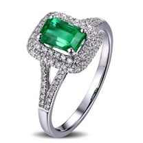 Halo Art Deco 2 Carat Split Shank Green Emerald 7x5mm Emerald Cut Diamond Moissanite Engagement Ring in 10k White Gold
