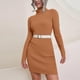 thumbnail image 3 of Vestidos midi de manga larga para mujer, ropa de calle ajustada de otoño, elegante vestido blanco de cuello alto de punto acanalado, vestido liso para mujer, ceñido al cuerpo, 3 of 5