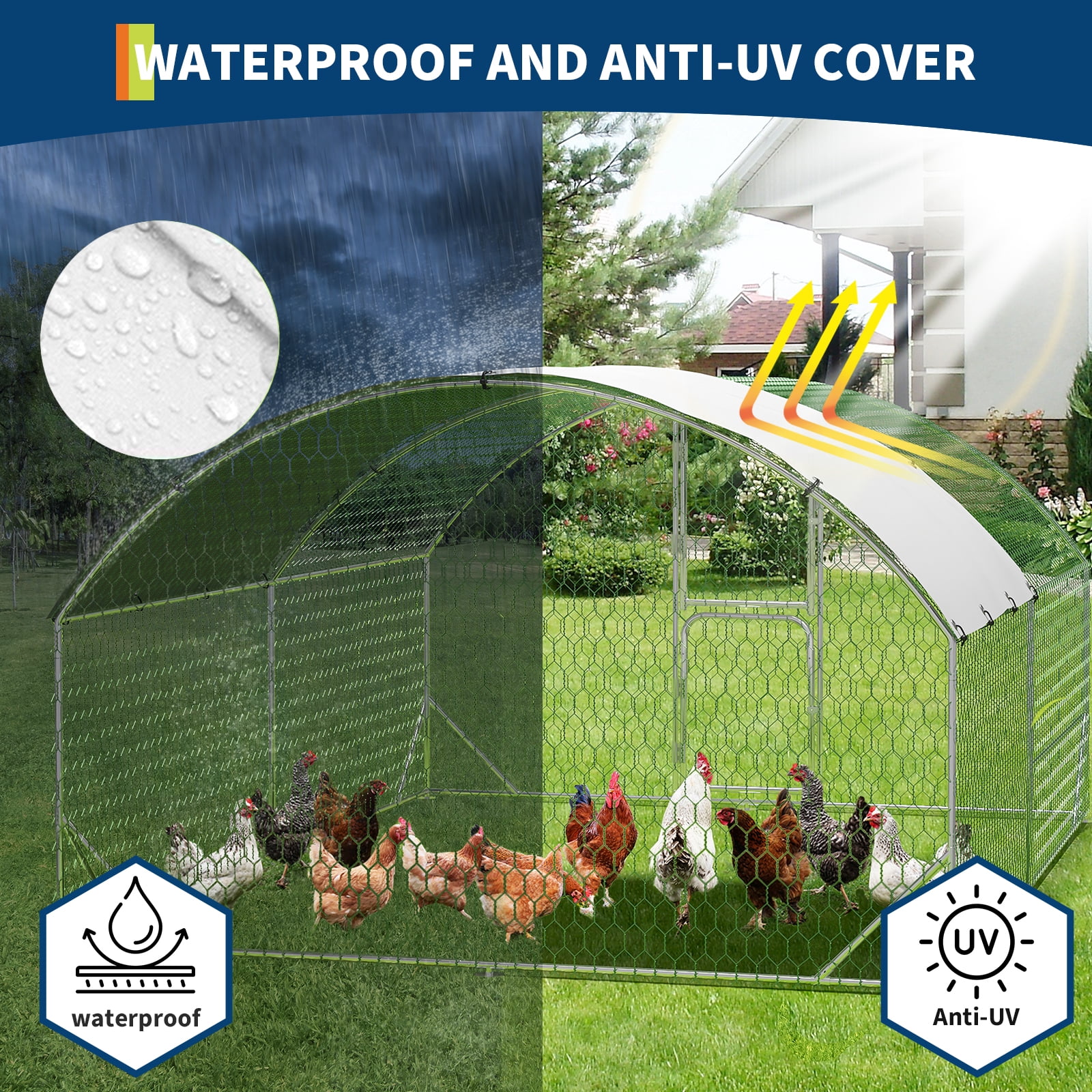 Accreate Large Metal Chicken Coop,Heavy Duty Walkin Chicken Run with Waterproof and Anti-Uv Cover,Chicken Pens Outdoor with Top for Ducks,Rabbits,Walk-in Poultry Cage for Yard,Farm