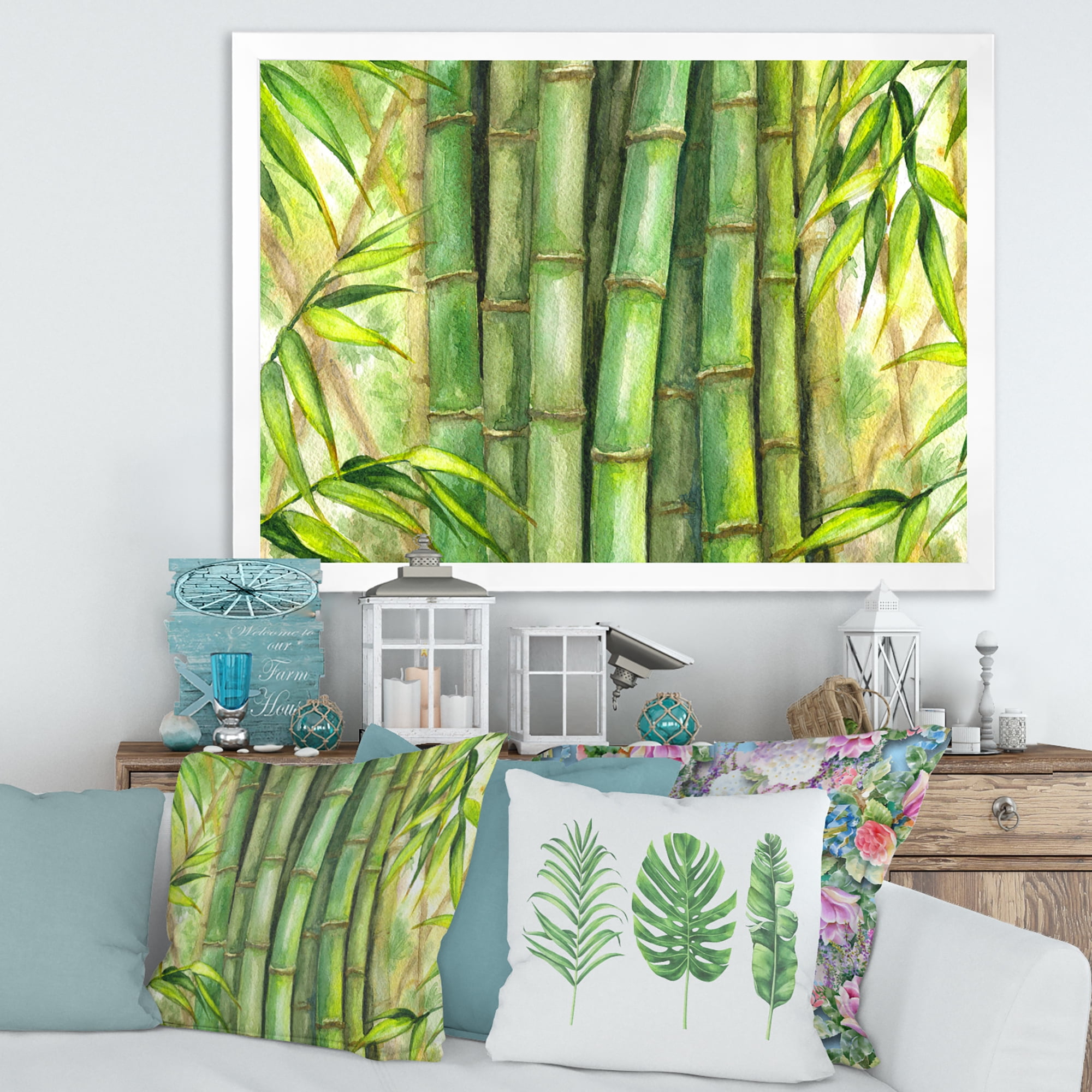 Designart 'Bright and Green Bamboo Stems' Transitional Framed Art Print