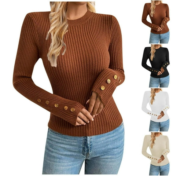 Fancifize Sweaters for Women Crew Neck Lightweight Knit Pullover Sweater Casual Long Sleeve Blouse Tops Business Oufits with Buttons