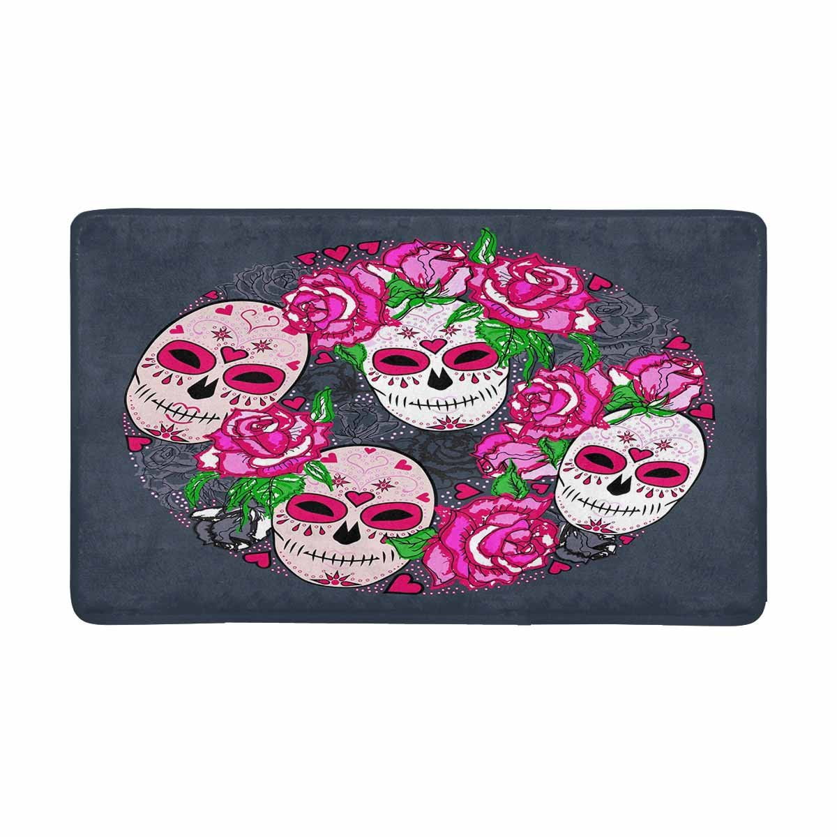 Pop Sugar Skull And Pink Roses Indoor Entrance Rug Floor Mats Shoe Scraper Doormat 30x18 Inches