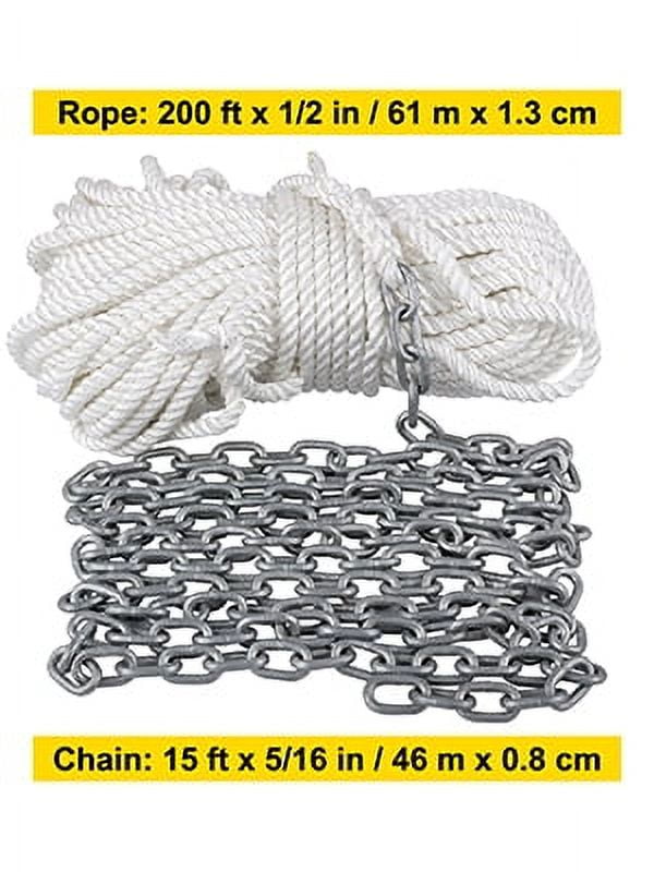 VEVOR Boat Anchor Chain 15' x 5/16" Galvanized Chain 1/2" x 200' Nylon Rope