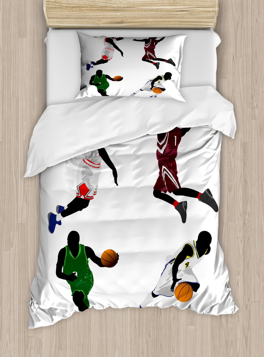 Sports Duvet Cover Set Twin Size, Basketball Players Dribbling Dunking Floater Vibrant Colored