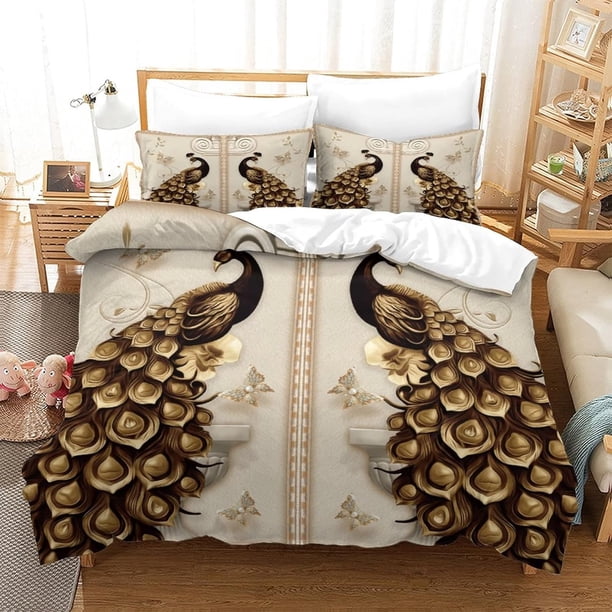 Funda nórdica de 3 piezas con estampado de pavo real dorado, funda nórdica de lujo dorada doble