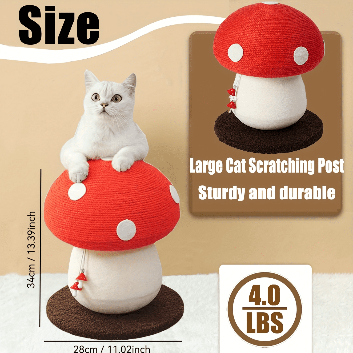 Cute Mushroom Cat Scratching Post, Durable Sisal Rope Cat Scratcher for Indoor Cats & Kittens, No Assembly Cat Tree with Hanging Toy, Cat Scratching Board for Claw Care & Furniture Protection