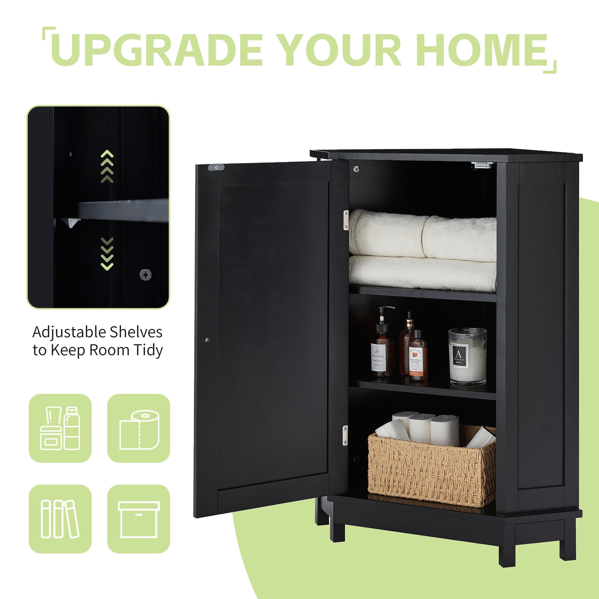 EUROCO Modern Triangle Bathroom Storage Cabinet,Freestanding Floor Corner Storage Cabinet with 1 Door & Adjustable Shelf for Bathroom Living Room Kitchen,Black