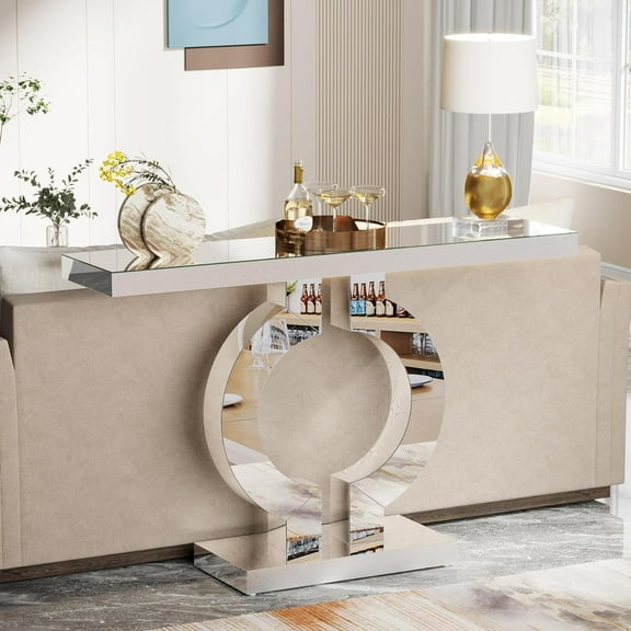 Tribesigns 43-Inch Mirrored Console Table, Modern Silver Entryway Table with O-Shaped Base, Glass Sofa Table with Mirror Finish for Living Room Hallway Entrance