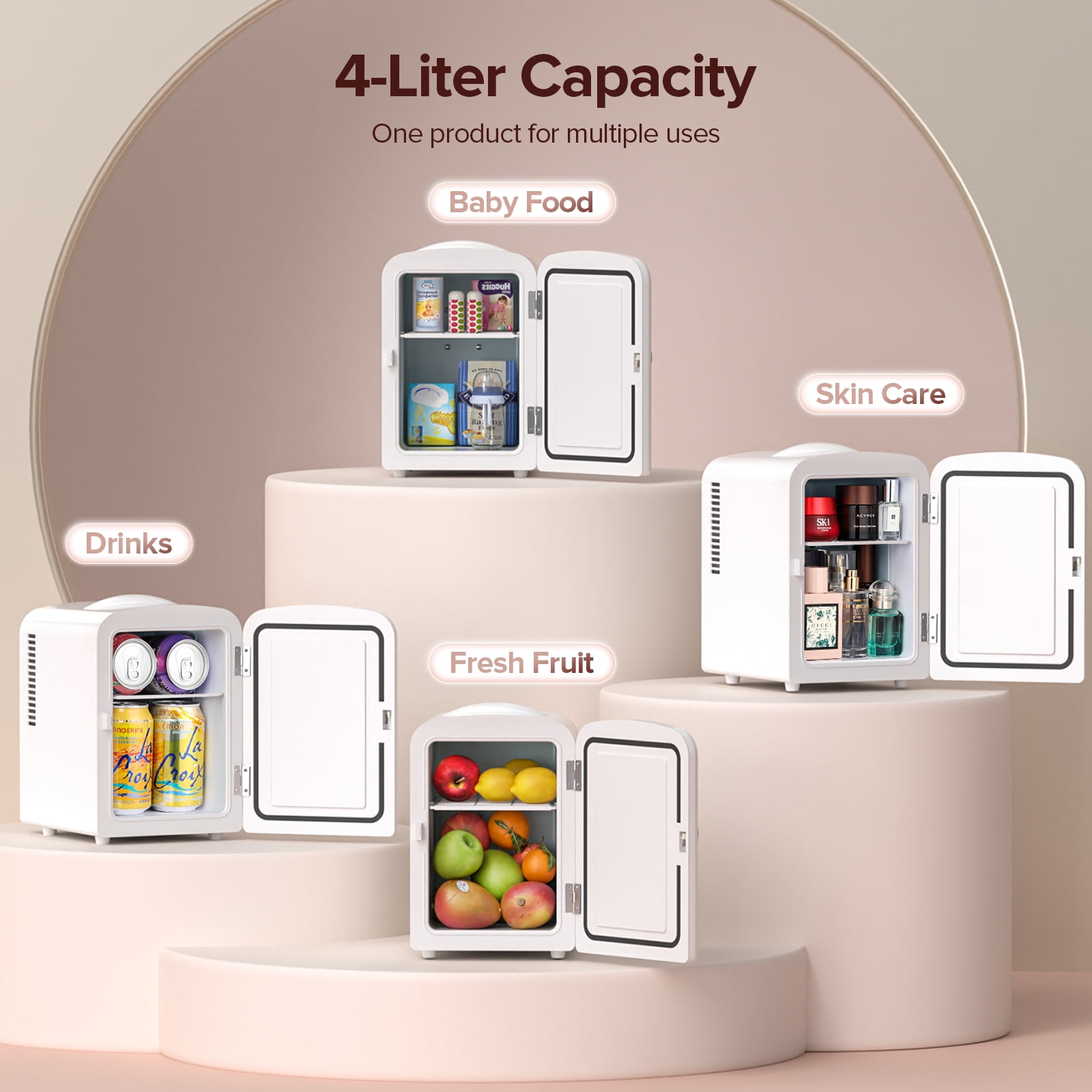 Auseo Mini Portable Fridge Personal, Countertop, 4L/6 Cans, Cooler Small Refrigerator, AC/DC, Option for Skincare, Makeup, Drinks, Dorm Room, White