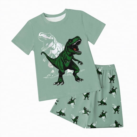 TOWED22 Baby Boy Outfits 2pcs Short Sleeve Crewneck T-Shirt Elastic Waist Shorts Dinosaur Print Clothes(Dark Green,7-8 Y)