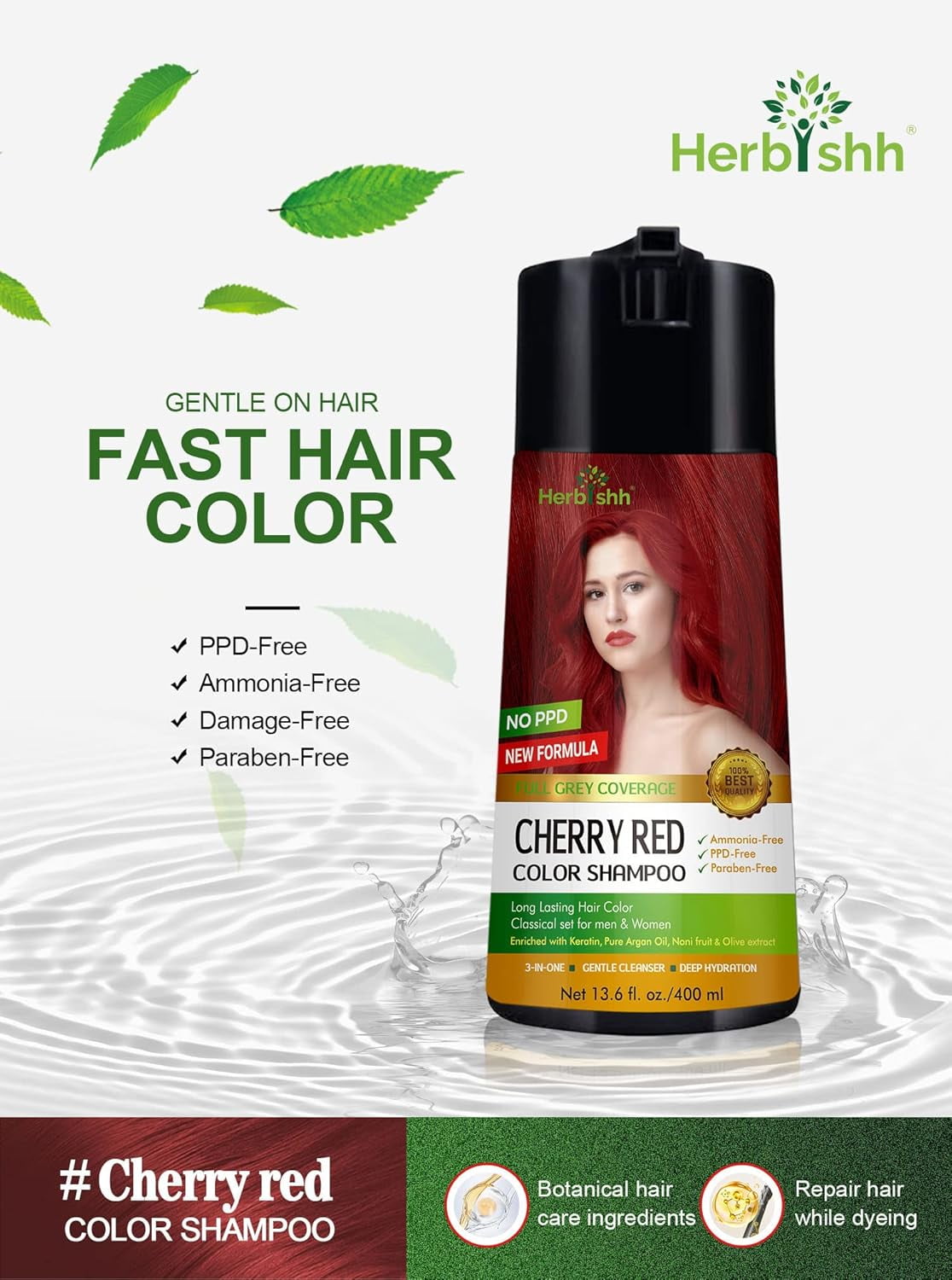 Herbishh Golden Cherry Red PPD-Free Hair Color Shampoo for Gray Hair, Hair Dye Shampoo 3 in 1, 100% Gray Coverage, Permanent Hair Color for Men & Women, Ammonia-free, 400 ml