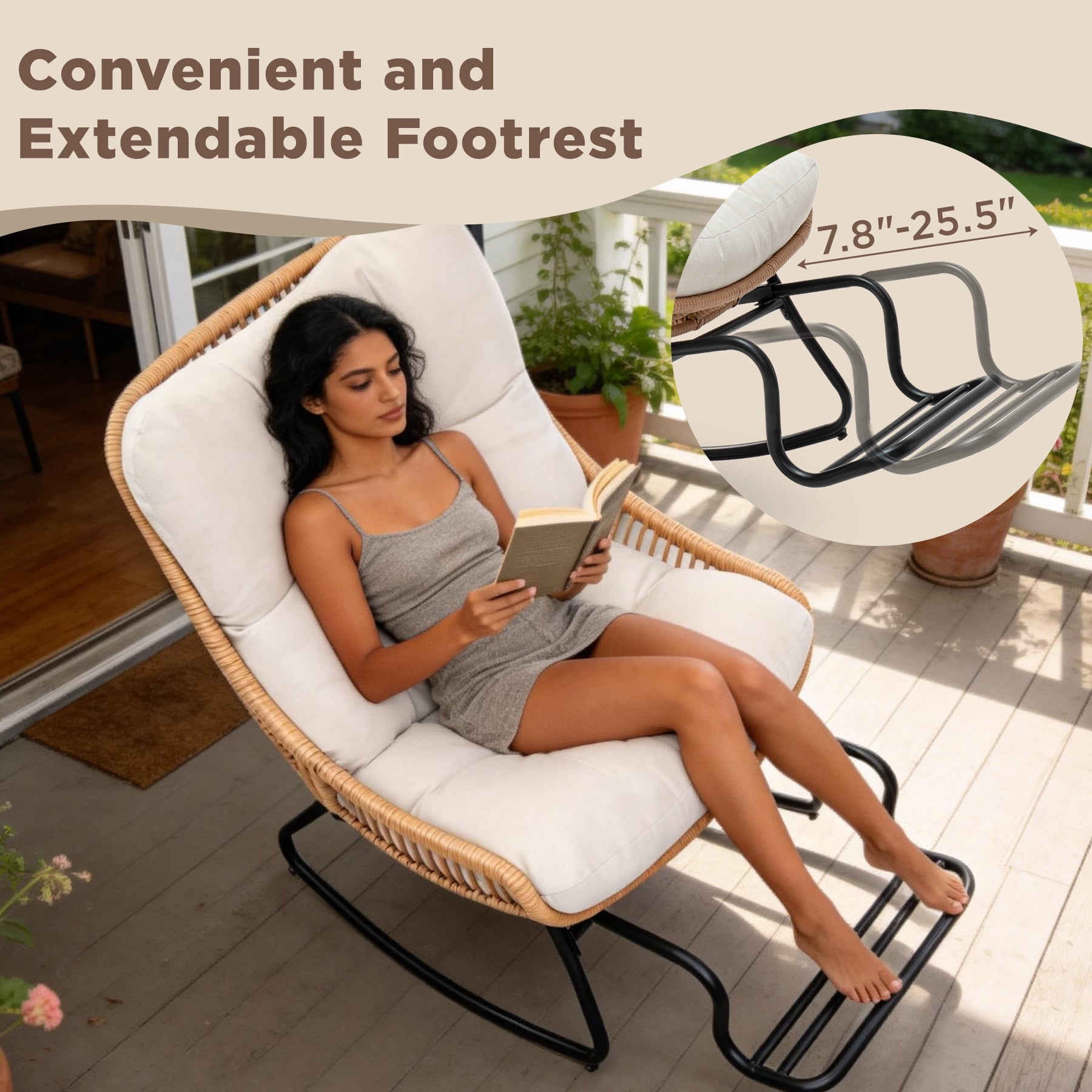 Tappio Rocking Papasan Chair with Adjustable Footrest, Outdoor Egg Rocking Chair with Thick Cushion and Steel Frame, Oversized Papasan Lounge Rocker for Garden, Porch, Living Room, Beige