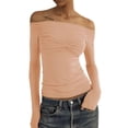 thumbnail image 1 of Long Sleeve Off Shoulder Top Women Elegant Pure Color Slim Fit Mesh Ruched T Shirt Blouse For Party, 1 of 4