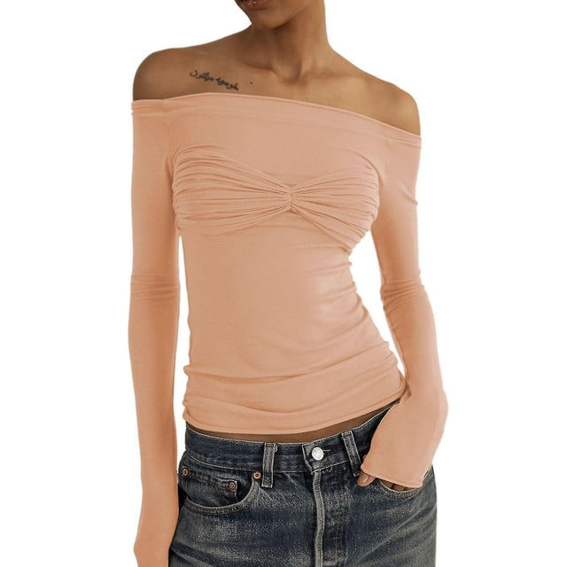 Long Sleeve Off Shoulder Top Women Elegant Pure Color Slim Fit Mesh Ruched T Shirt Blouse For Party