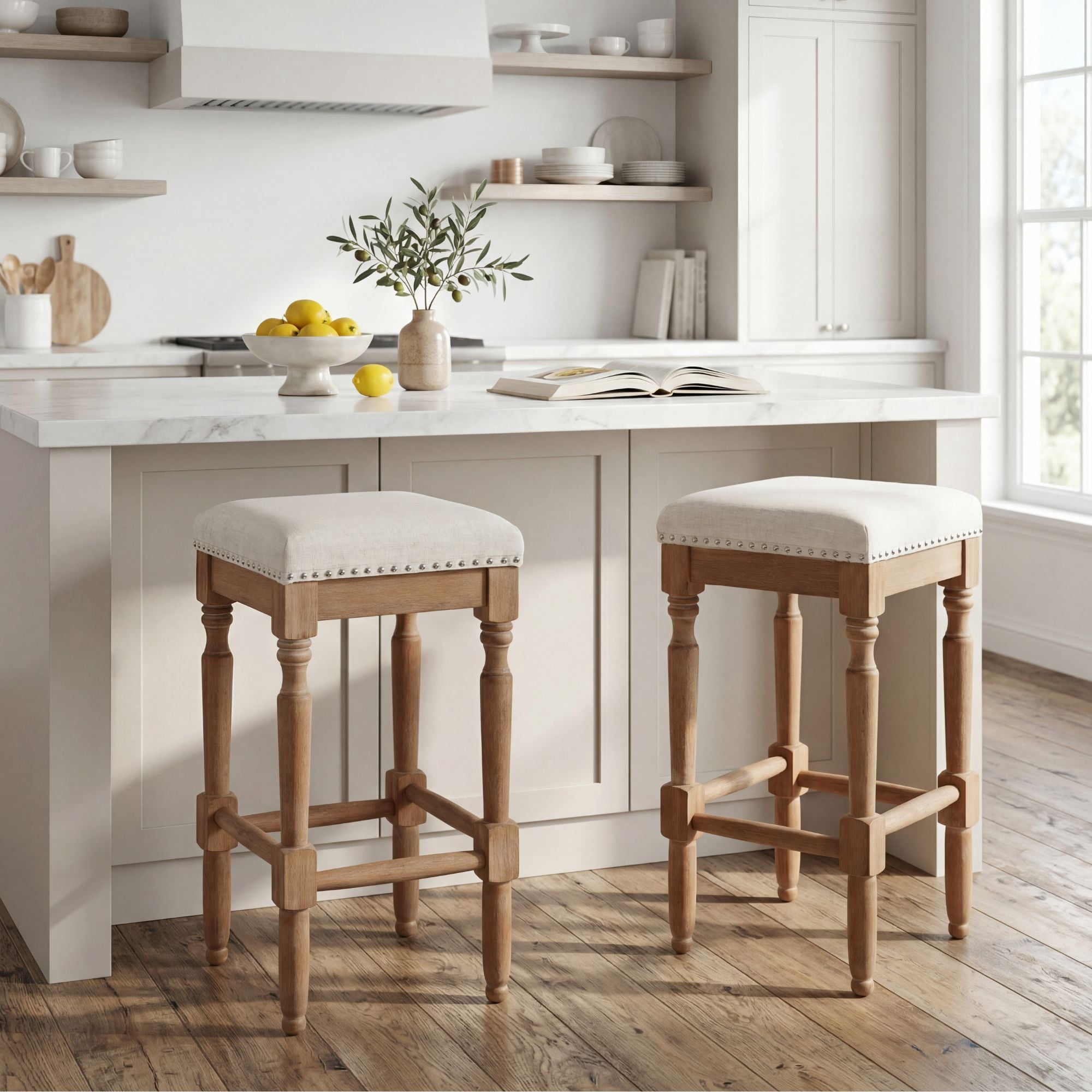 Dayalane 26" Backless Bar Stools Set of 2, Rustic Farmhouse Wooden Counter Height Barstools with Nailhead Trim Seat, Linen Upholstered Island Stools for Kitchen Island Bistro Bar Dining, Natural
