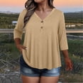 thumbnail image 2 of KyCheLot Women's V Neck Tops Fall Button Plus Size 3/4 Length Sleeve Solid Color Clothes Comfy Loose Hiking Tops, 2 of 6