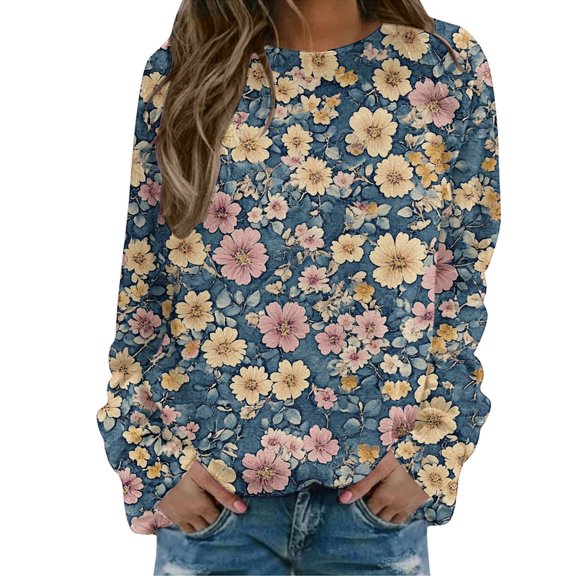 NMMUED Long Sleeve Shirts for Women, Cute Sweatshirts, Womens Crewneck Sweatshirt, Long Sleeve Graphic Tees for Women, Fall Outfits for Women, Blue 2 L