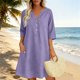 thumbnail image 4 of Neewe Women Summer Dress Cotton Linen Plain V Neck Half Sleeve Dress Button Down Tunic Dress Daily Outfits, 4 of 5