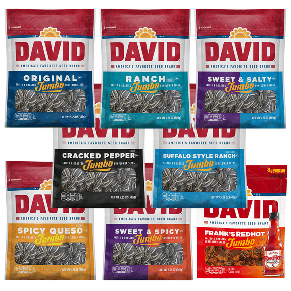 David Sunflower Seeds Jumbo Variety 8 Pack includes Original, Ranch, Buffalo Ranch, Sweet & Salty, Sweet & Spicy, Cracked Pepper, Spicy Queso, Franks Red Hot