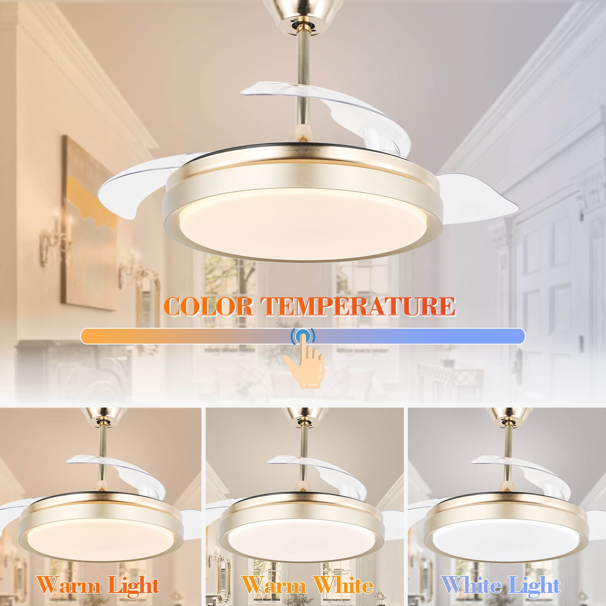 Belladepot 42" Gold Retractable Ceiling Fan Reversible With Remote Control and Light Kit 3 Blades